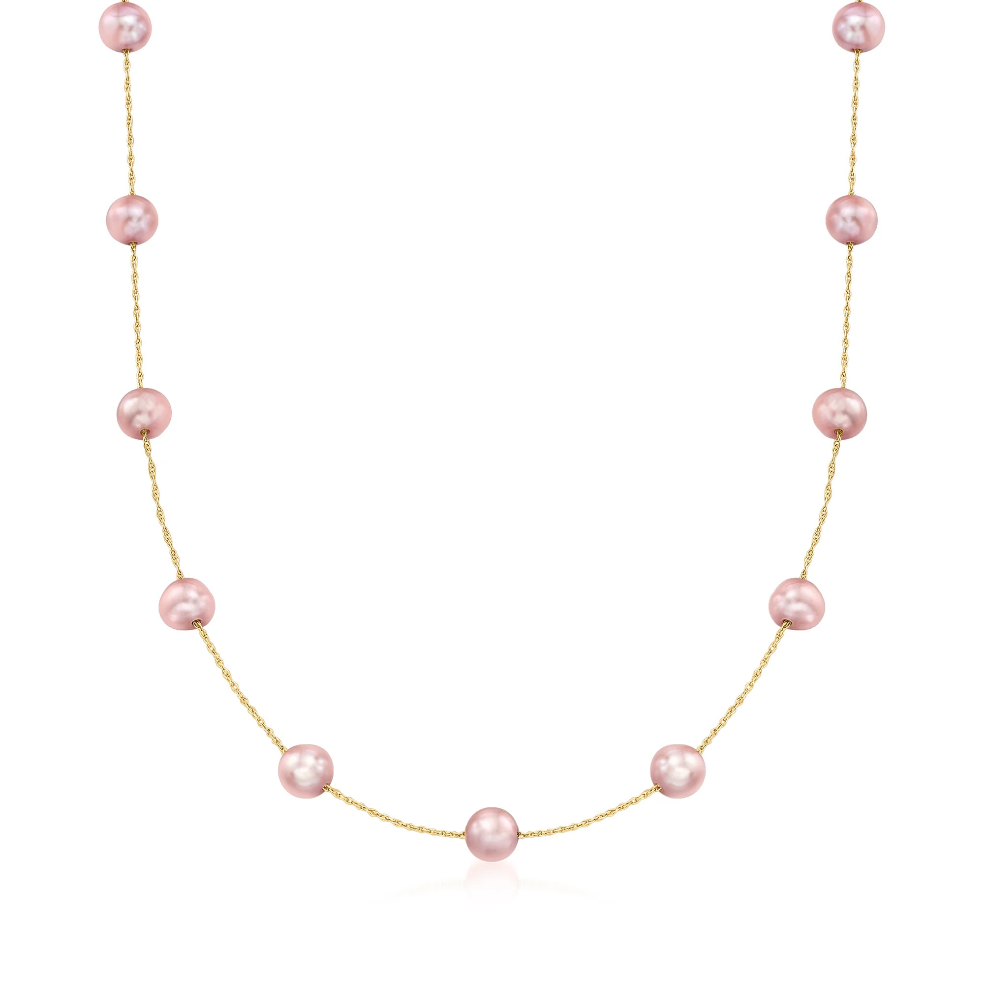 6-6.5mm Pink Cultured Pearl Station Necklace in 14kt Yellow Gold | Ross-Simons