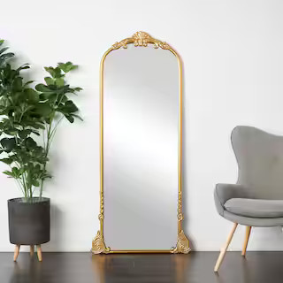 Litton Lane 30 in. W x 66 in. H Gold Metal Polished Tall Ornate Arched Baroque Floor Mirror 04549... | The Home Depot