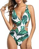Tempt Me Women's Sexy One Piece Cutout Deep V Monokini High Waist Thong Swimsuit Green Leave M | Amazon (US)