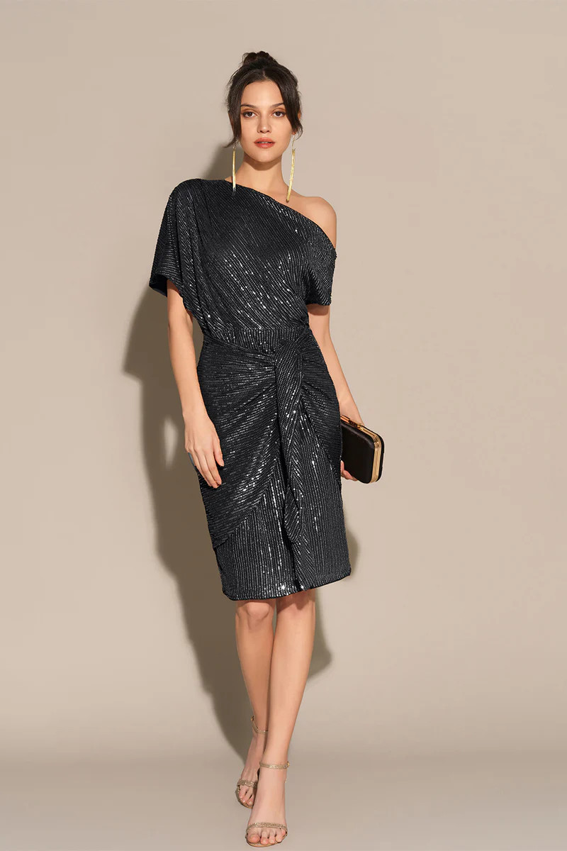 Sequined Asymmetric Off Shoulder Bodycon Party Midi Dress | GRACE KARIN