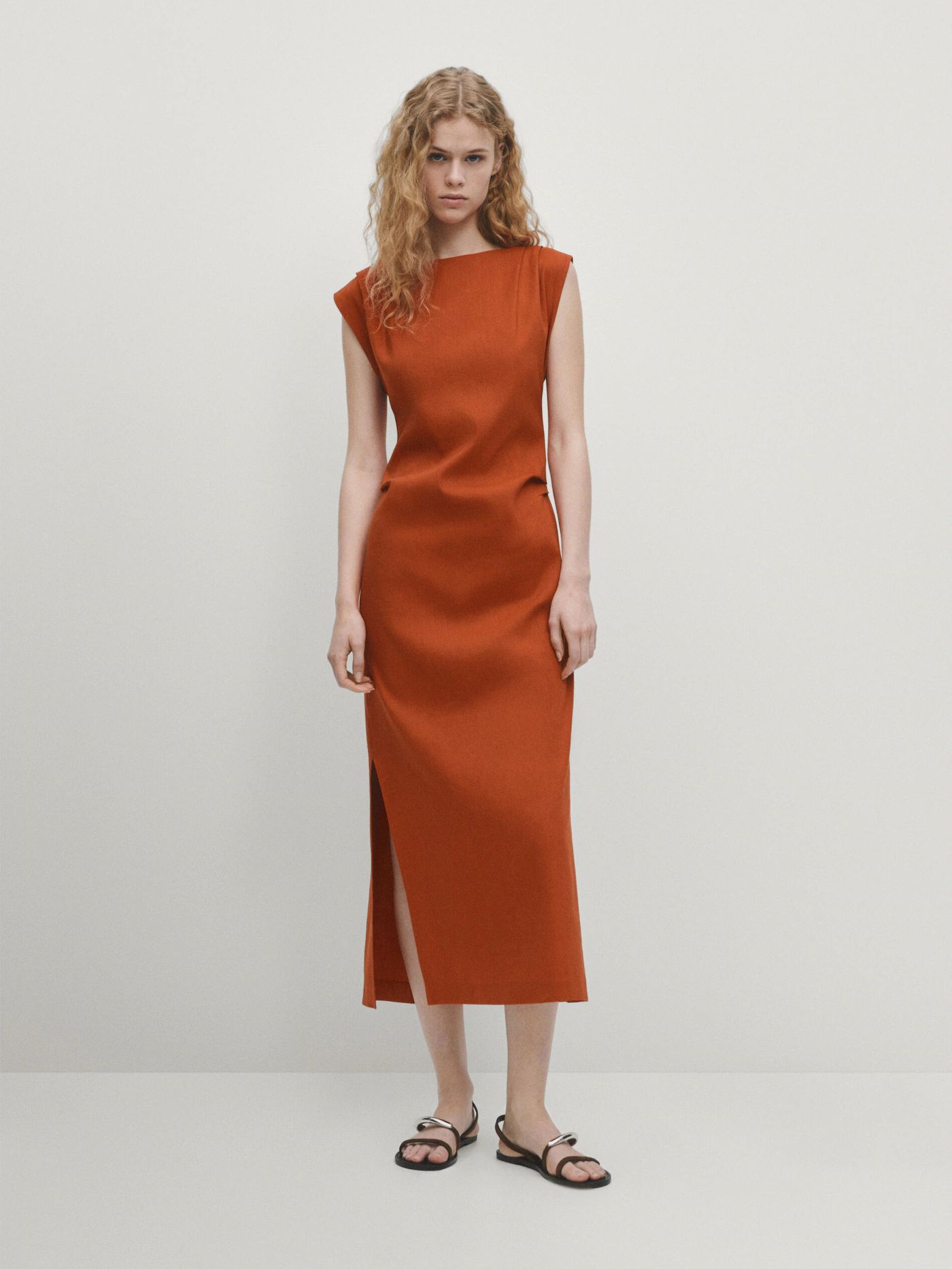 Linen blend stretch dress with pleated detail | Massimo Dutti (US)