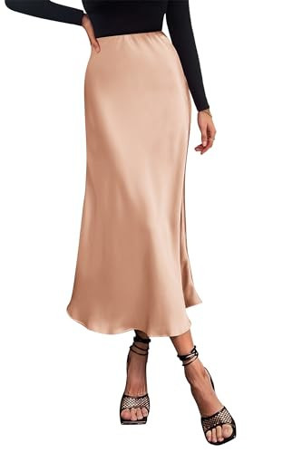 PRETTYGARDEN Women's Satin Skirts Dressy Casual 2025 Fall High Waisted Cocktail Wedding Flowy Elegant A Line Midi Skirt (Champagne,Small) | Amazon (US)