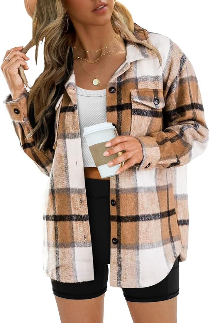 AUTOMET Womens Casual Plaid Shacket Wool Blend Button Down Long Sleeve Shirt Fall Jacket Shackets | Amazon (US)
