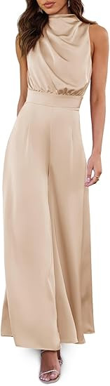 Cicy Bell Women's Dressy Casual Satin Jumpsuits Sleeveless Wide Leg Mock Neck Pleated Open Back L... | Amazon (US)