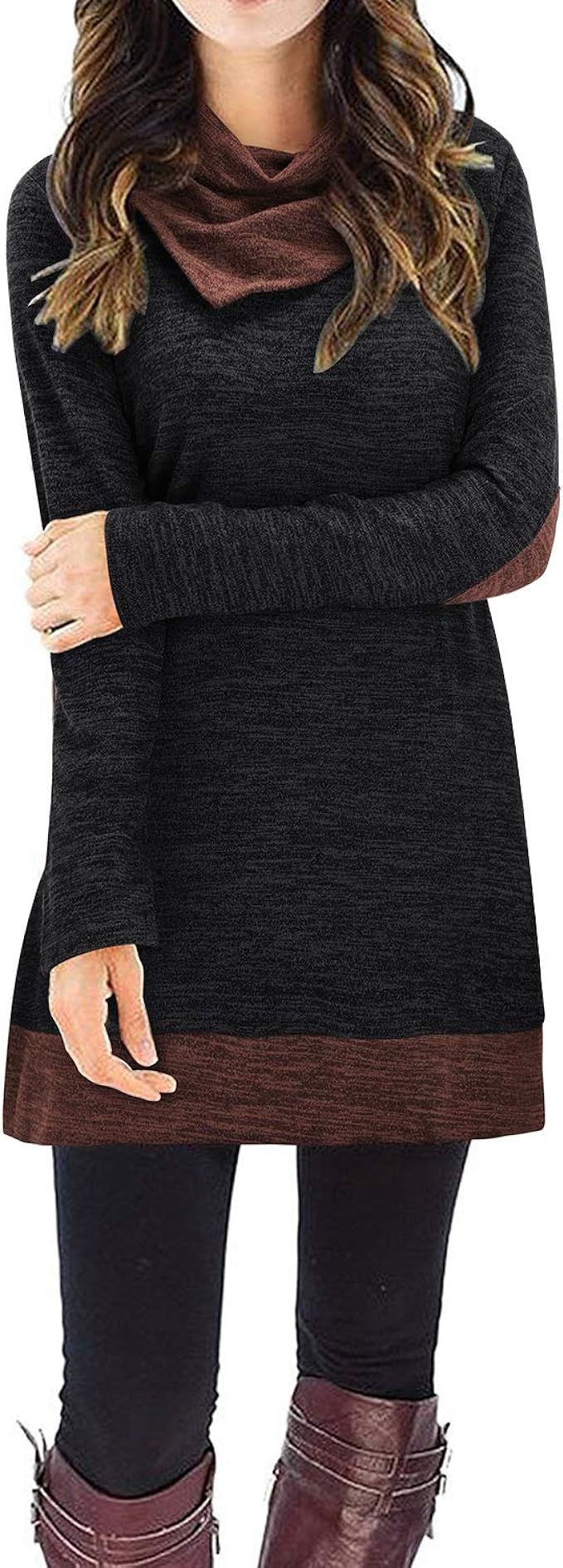 STYLEWORD Women's Cowl Neck Tunic Tops Long Sleeve Elbow Patchs Patchwork Casual Sweater Shirts | Amazon (US)