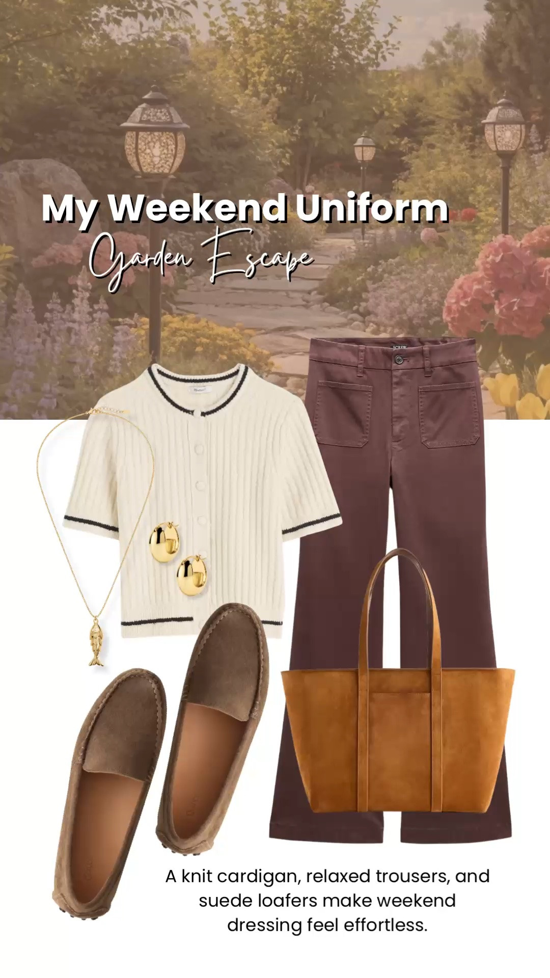 A knit cardigan with relaxed brown trousers is one of those timeless combinations that makes weekend dressing feel effortless. Finished with suede driving loafers and a classic suede tote, this look is comfortable, polished, and perfect for everything from a morning at the farmers market to an afternoon in the garden.

💡 LTK MADE EASY
❤️ Heart = Support my posts!
🔖 Save = Get sale & restock alerts
📋 Lists = Keep favorites organized
📲 Share = Send lists and products to a friend. Hello, Christmas List!
💬 Comment = Ask me anything about what I’m wearing. :-)

#LTKootd #LTKOver40
