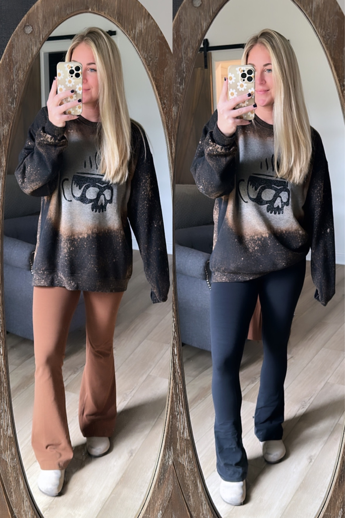 Pic 1 - Groove Nulu Flared pant, color Java, wearing size 6. SIZE DOWN ONE! 
Pic 2 - Align Mini Flare, color black, wearing size 8. TTS! 
Shoes - amazon Birkenstock dupe, TTS. 