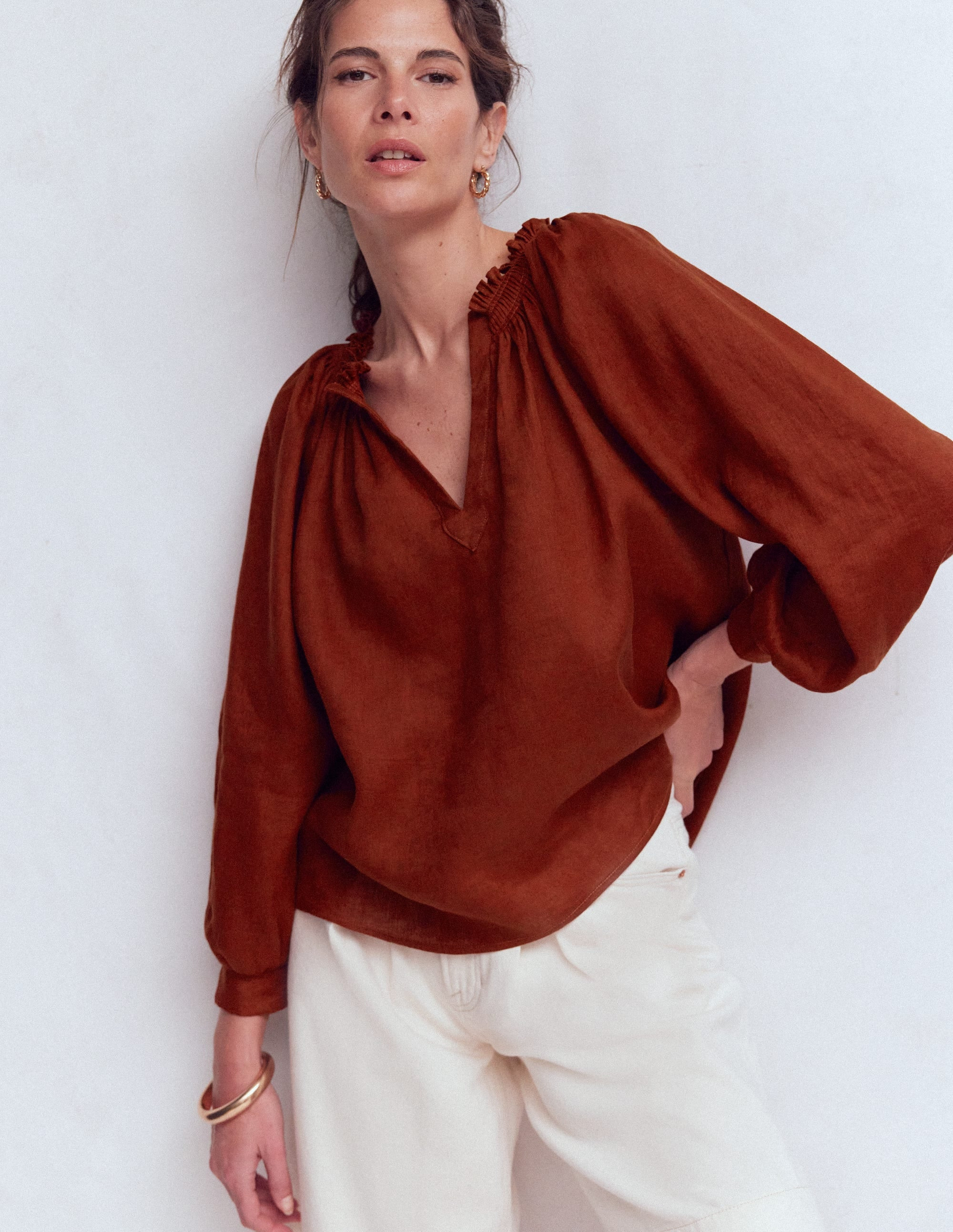 Serena Pleat Neck Linen Top-Burnt Henna | Boden UK