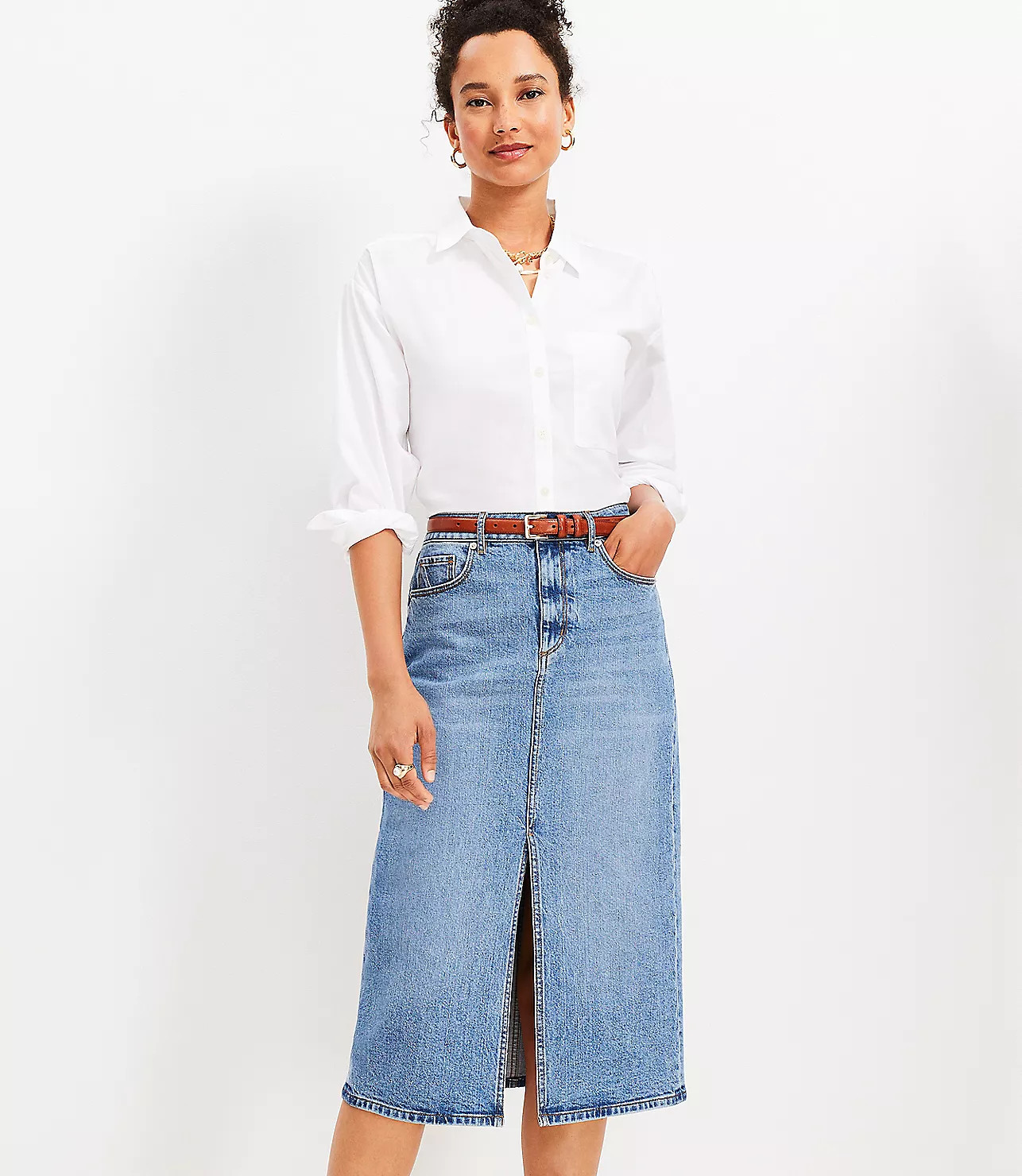 High Waist Denim Midi Skirt in Classic Mid Wash | LOFT