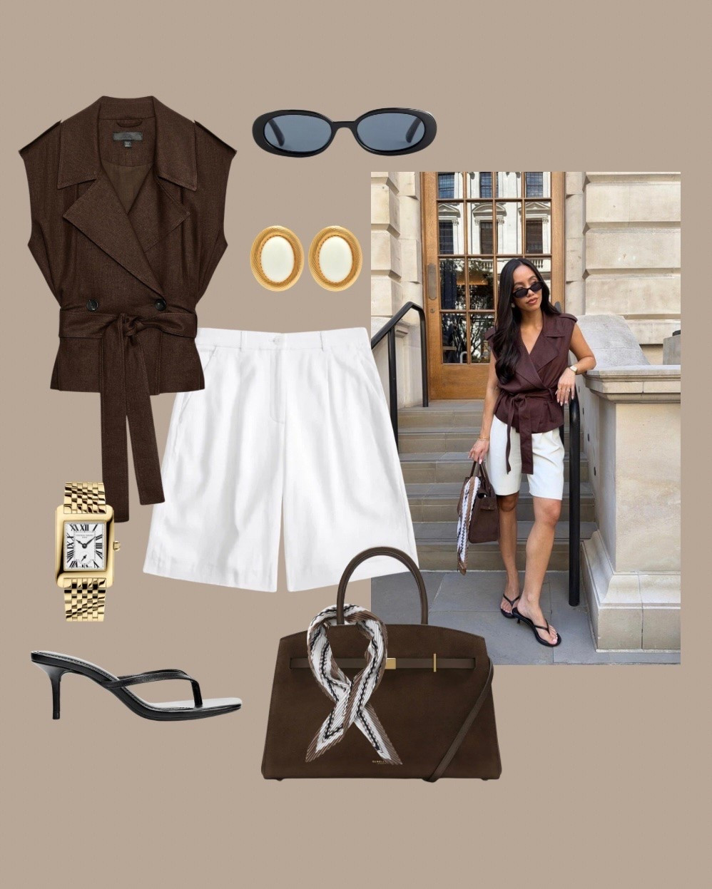 Spring / summer in the city OOTD. Chocolate brown cinched waist coat, Bermuda shorts from Because of Alice, flip flops and a suede bag with satin scarf detail

#LTKsummer #LTKeurope #LTKstyletip