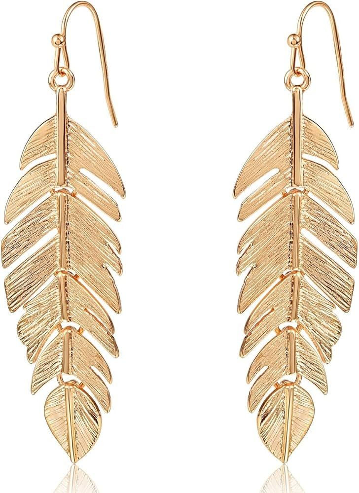 Leaf Earrings for Women - Long Hanging Boho Feather Earrings Plated in Gold, Silver, or Rose Gold... | Amazon (US)