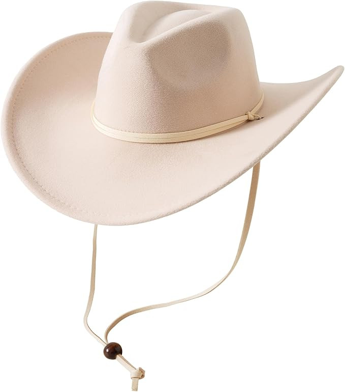 Lanzom Women Men Retro Felt Wide Brim Western Cowboy Cowgirl Hat Dress Up Hat with Wind Lanyard | Amazon (US)