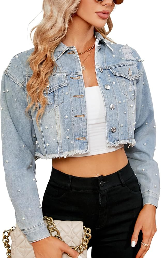 Ladyful Women's Lapel Denim Jacket 3/4 Sleeve Button Down Trucker Moto Jean Coat Outerwear | Amazon (US)