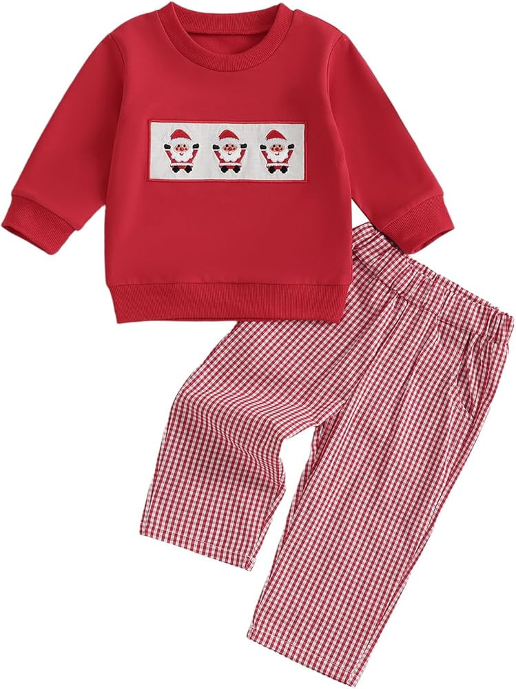 Toddler Baby Boys Christmas Outfits Long Sleeve Embroidery Sweatshirt Gingham Plaid Pants Two Pie... | Amazon (US)