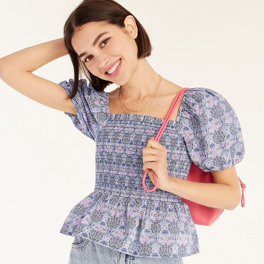 Smocked squareneck organic cotton top in Liberty® Club Nouveau floral | J.Crew US