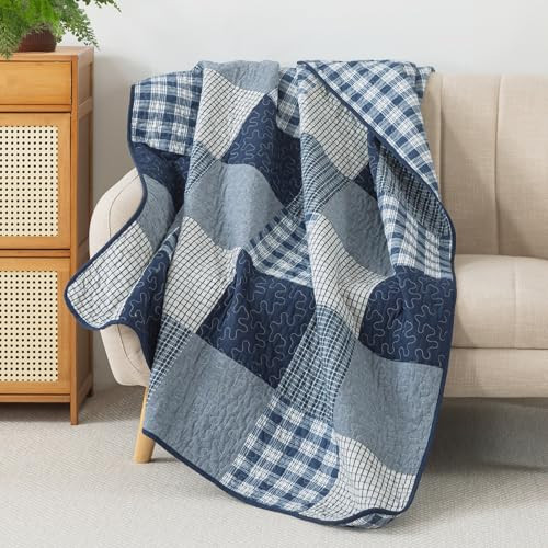 Soul & Lane Midnight Plaid 50" x 60" Cotton Quilted Throw Blanket, Country Farmhouse Checkered Patchwork Throw Quilt for Couch, Navy Check Pieced Lap Quilt with White and Blue Pattern | Amazon (US)