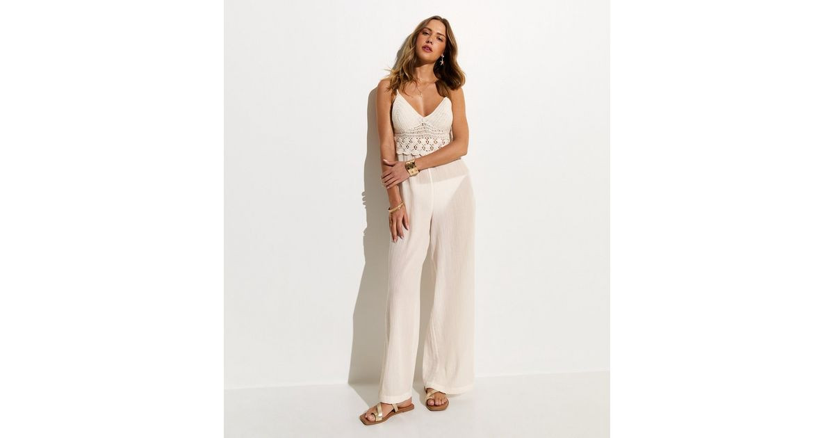 White Crochet Bodice Wide Leg Beach Jumpsuit | New Look | New Look (UK)