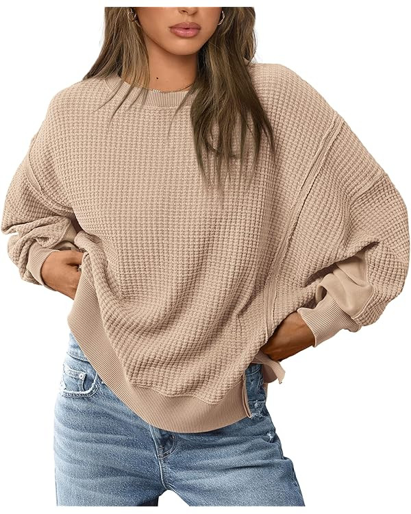 PRETTYGARDEN Women's 2024 Fall Oversized Crewneck Sweatshirts Casual Long Sleeve Pullover Waffle ... | Amazon (US)
