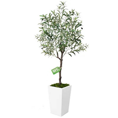 Paislee Artificial Olive Tree, Faux Olive Tree with Tall White Planter, Realistic Leaves | Wayfair North America