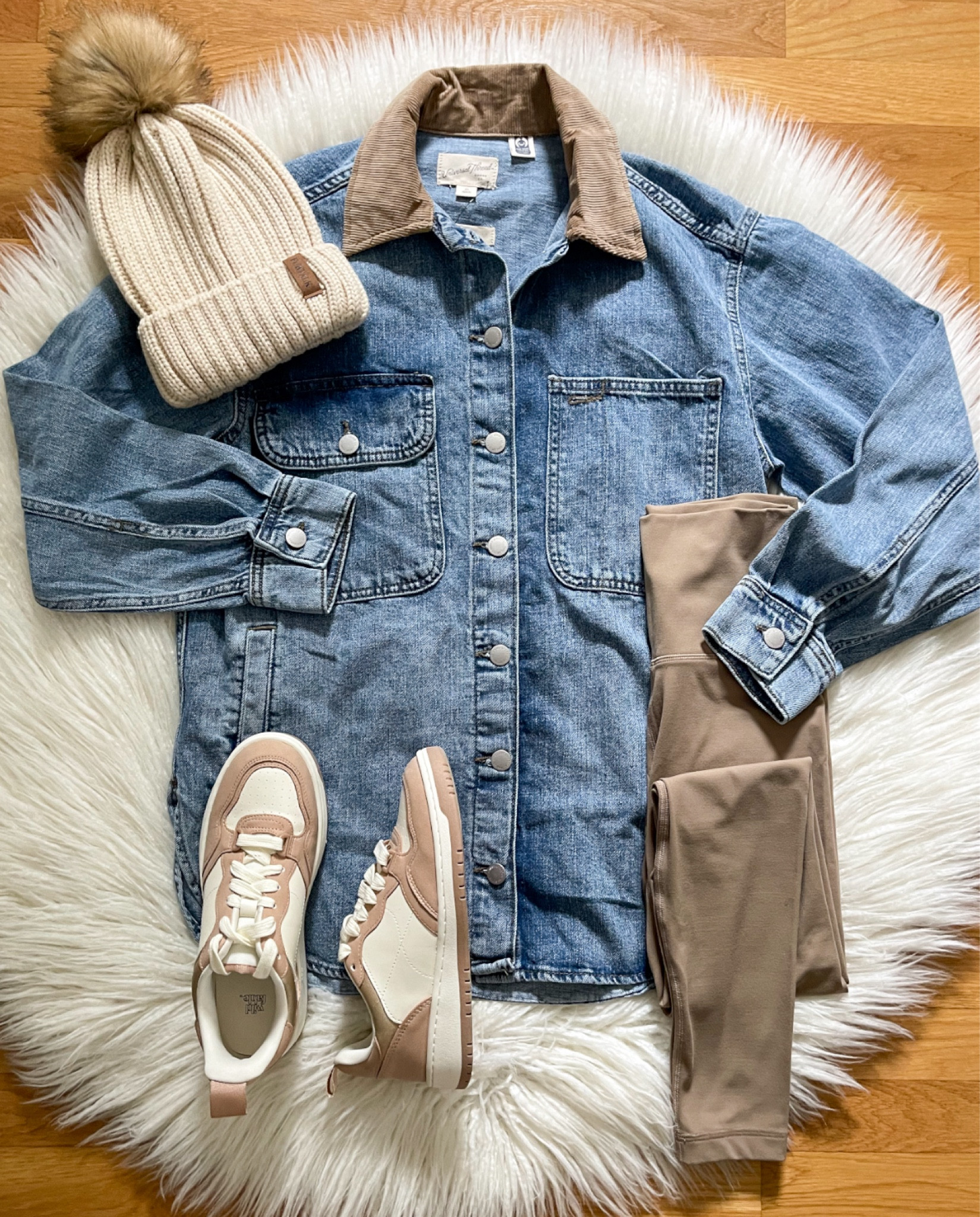 Styling this popular Jean Shacket for you tonight!  Love the corduroy collar detail!  It’s going in & out of stock online or you can check on your store for pick up 🤍 Styled it with my favorite leggings & sneakers!  

#LTKFindsUnder50 #LTKStyleTip #LTKTravel