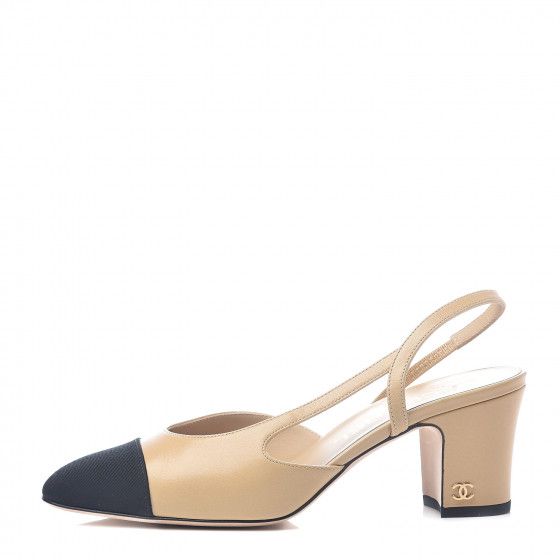 CHANEL Goatskin Grosgrain Cap Toe CC Slingback Pumps 36 Beige Black | Fashionphile