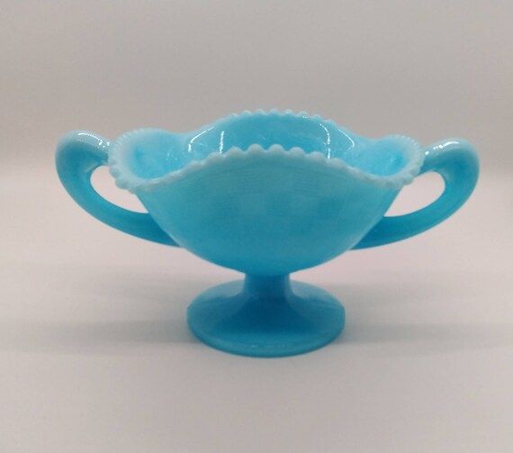 Glass Art, Fenton, Blue Milk Glass, Double Handled Dish. | Etsy (CAD)