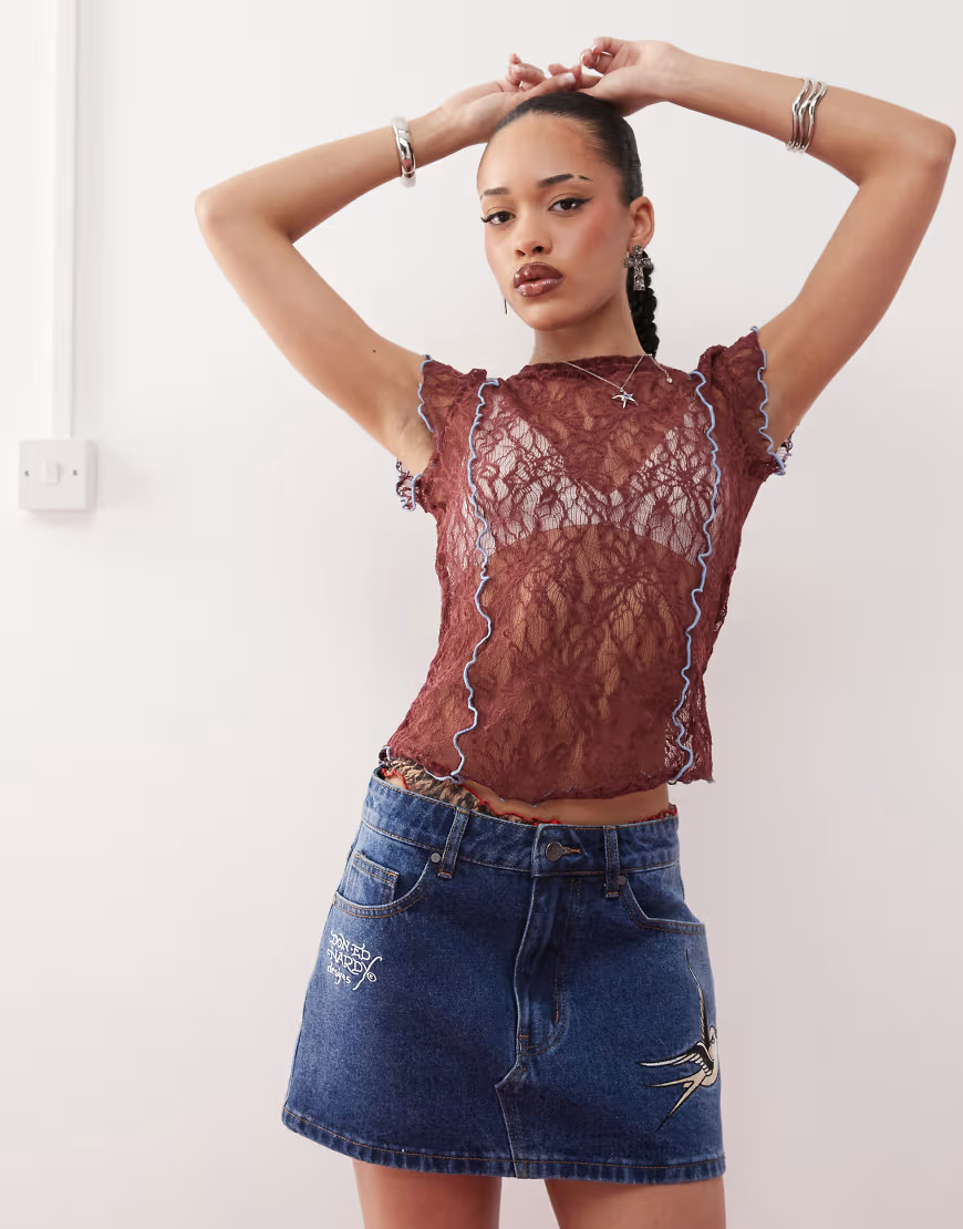 Ed Hardy swallow side wash low rise denim mini skirt in washed indigo-Blue | ASOS (Global)