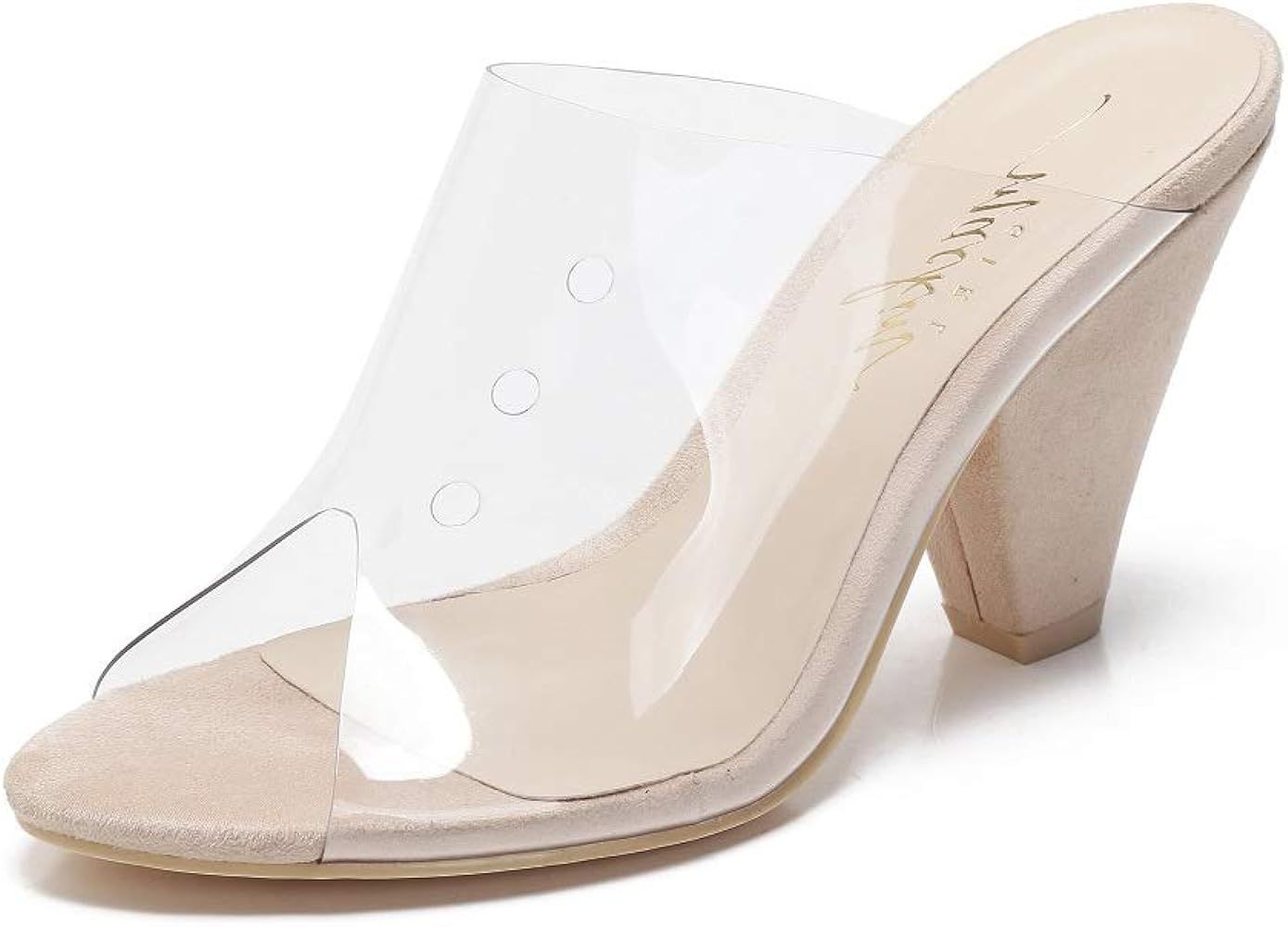 Mackin Girl G502-1 Women's Clear Sandals Open Toe Slip On Mule Chunky Heel Clear Shoes | Amazon (US)