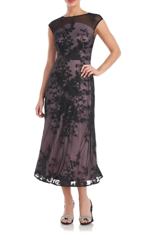 JS Collections Melissa Floral Embroidered Tulle Midi Dress in Black/Soft Lavender at Nordstrom, Size | Nordstrom