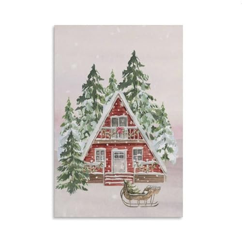 Hazzzey Winter Landscape Painting, Christmas Decoration, Rustic Holiday Decor, Forest Woods Trees, Red Cabin Lodge Sleigh, Nature Inspired Decor 12x18inch(30x45cm) | Amazon (US)