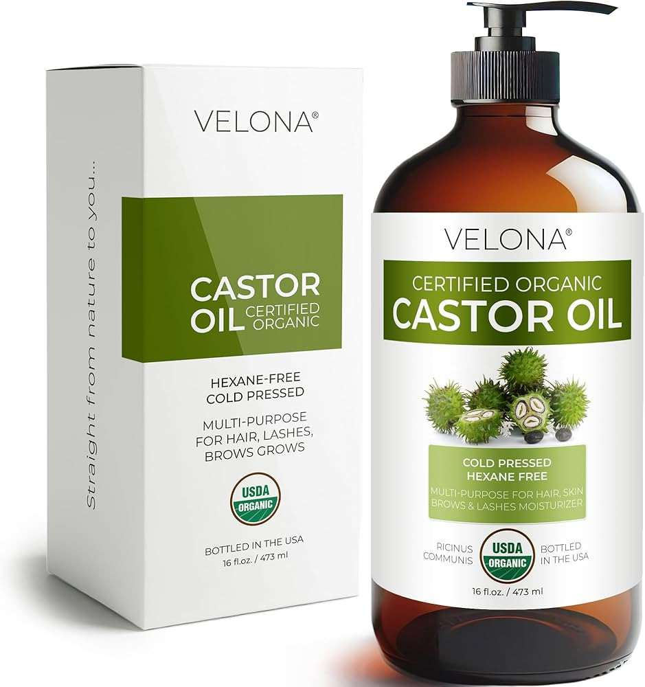 velona USDA Certified Organic Castor Oil – 16 fl oz in Glass Bottle | Cold-Pressed, Hexane-Free... | Amazon (US)