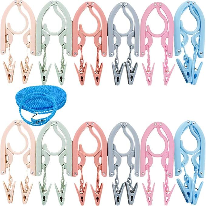 Travel Hangers with Clips Portable Folding Clothes Hangers with 1 pcs Clothesline 12 pcs with 24 ... | Amazon (US)