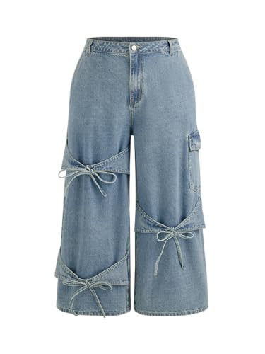 CIDER Baggy Jeans for Women Low Waisted Wide Straight Leg Bow Jeans Denim Pants Blue | Amazon (US)