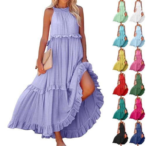 Summer Dresses for Women 2025 Casual Boho Sleeveless Smocked Halter Wedding Guest Maxi Sun Dresses High Neck Empire Waist Maternity Long Flowy Swing Ruffle Tiered Beach Vacation Dress with Pockets | Amazon (US)