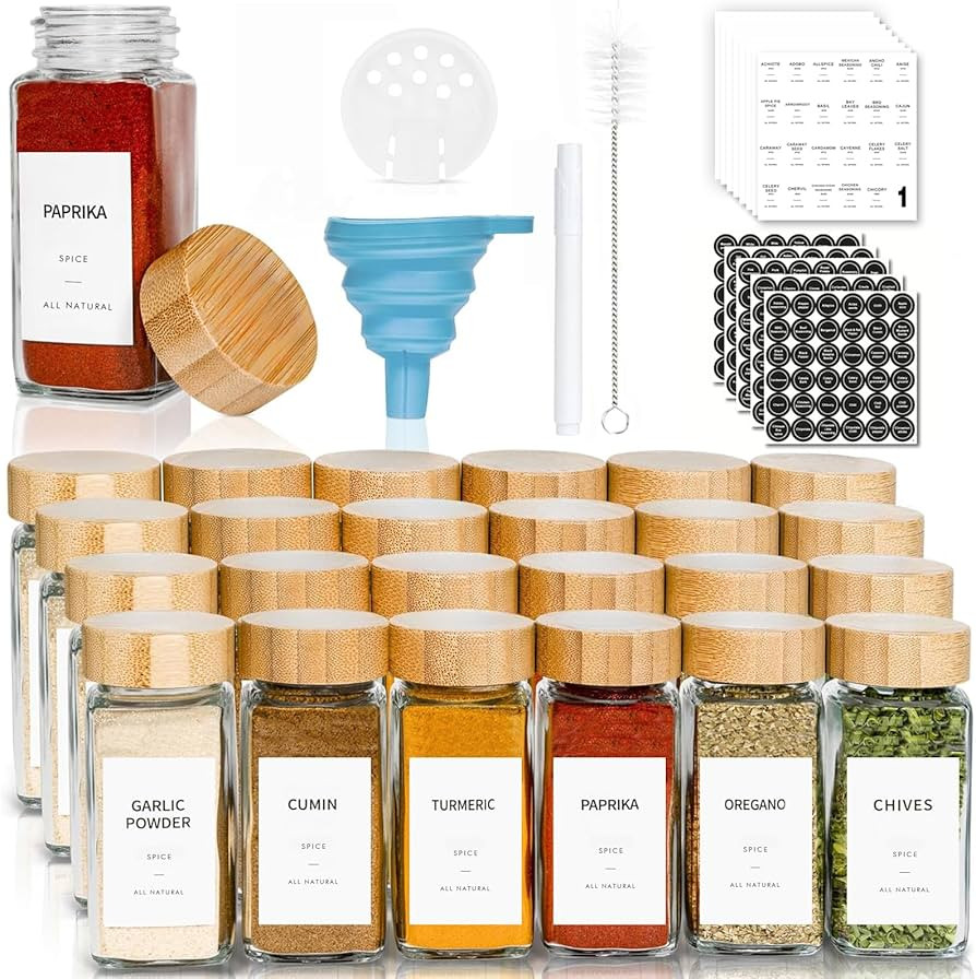 Spice Jars with Labels 24pcs Seasoning Organizer Bottles 4oz Glass Spice Jars with Bamboo Lids Sp... | Amazon (US)