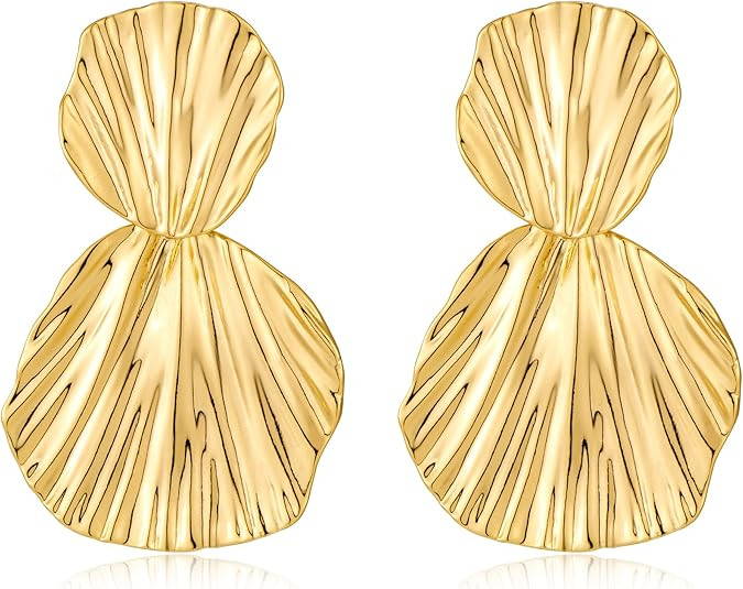 Gold Plated Earrings Dangle Chunky Fan-shaped Earrings Shell Earring for Women Two-Tone Fashion S... | Amazon (US)
