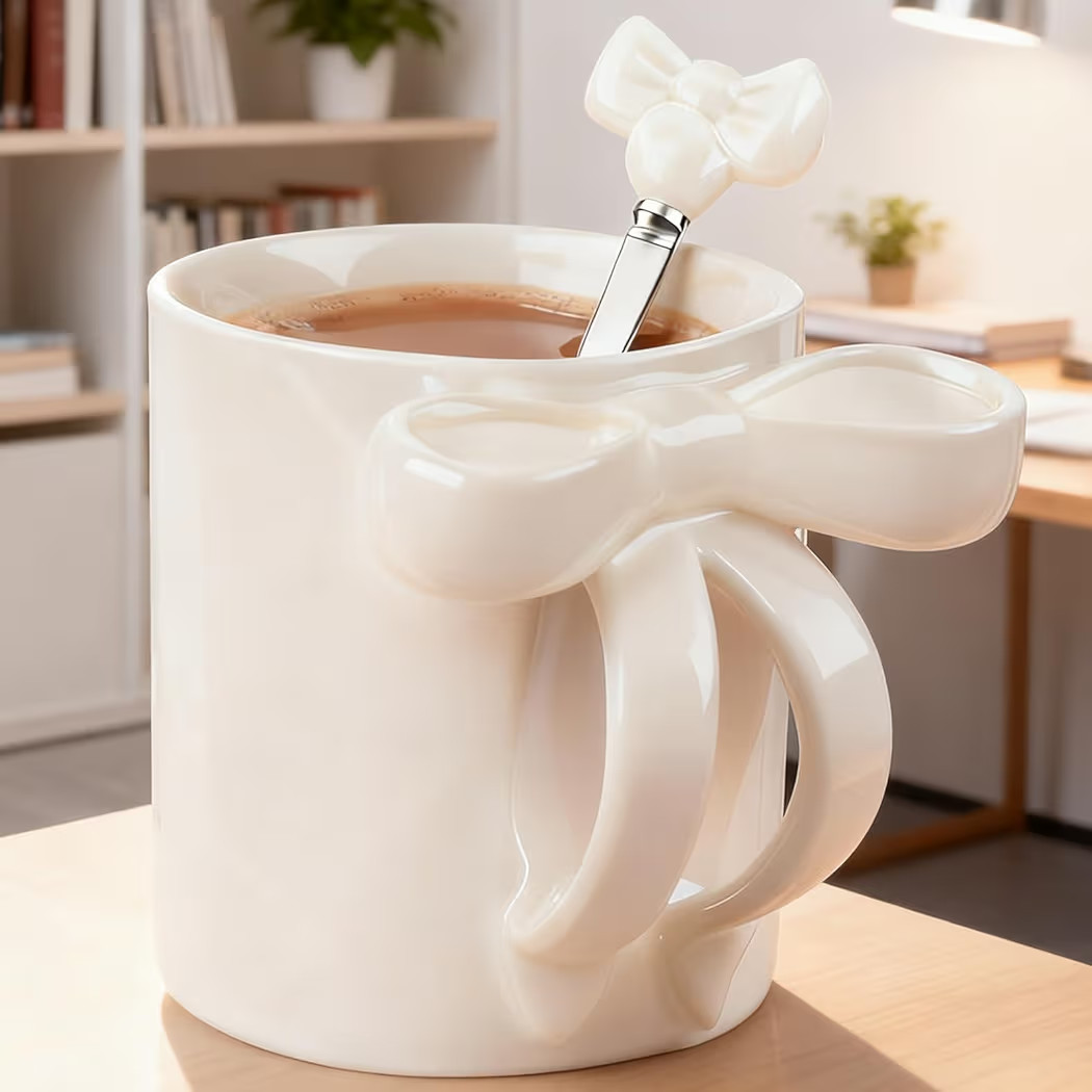 12 OZ Bow White Coffee Mug Ceramic Coffee Cup Coquette Porcelain Tea Cup Bow Cute Mug for Women G... | Amazon (US)