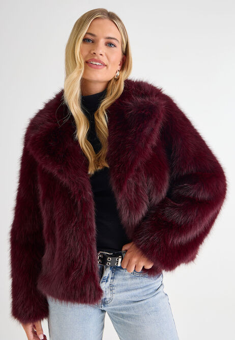 Womens Burgundy Short Fluffy Coat | Peacocks