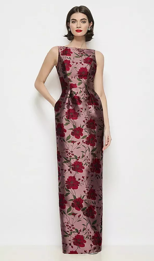 Bateau Neck Wild Rose Brocade Floral Maxi Dress with Pleated Column Skirt in Wild Rose | Dessy Group