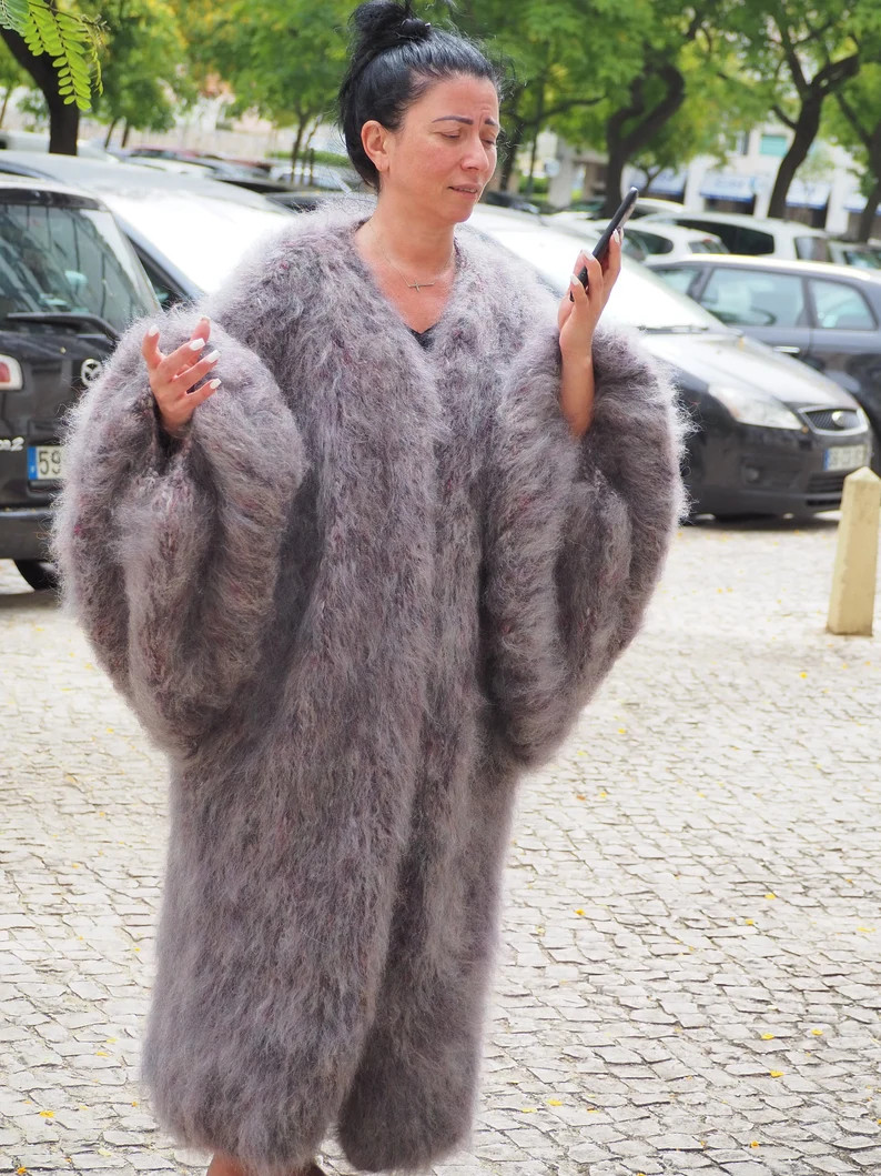 Mohair Coat Gray Burgundy Longhair Mohair HandKnitted Big Size by LanaKnittings | Etsy (US)