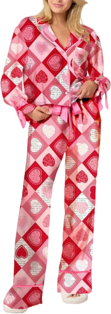 LILTWIST Women Valentine's Day Bow Tie Pajamas Silk Satin Colorful Heart Bow Pjs Floral Long Slee... | Amazon (US)
