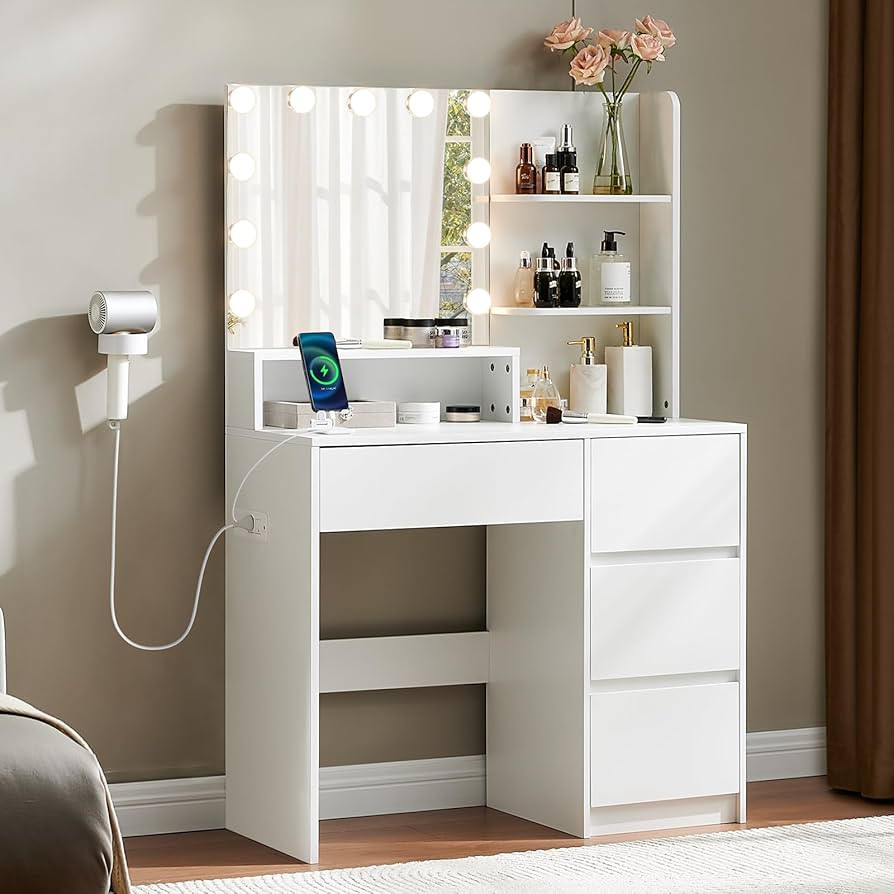 White Vanity Desk with mirror and lights, Makeup Vanity Table with Power Outlet, USB Ports, 4 Dra... | Amazon (US)