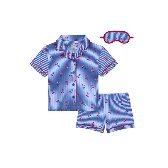 Wonder Nation Girls Short Sleeve Button Front Pajama Top and Shorts Set with Eyemask, 3-Piece, Si... | Walmart (US)