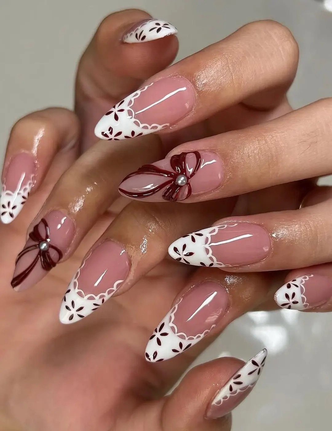 White Lace French Press on Nails | Burgundy Bow Nails | Elegant Winter Nails | Holiday Bridal Nai... | Etsy (US)