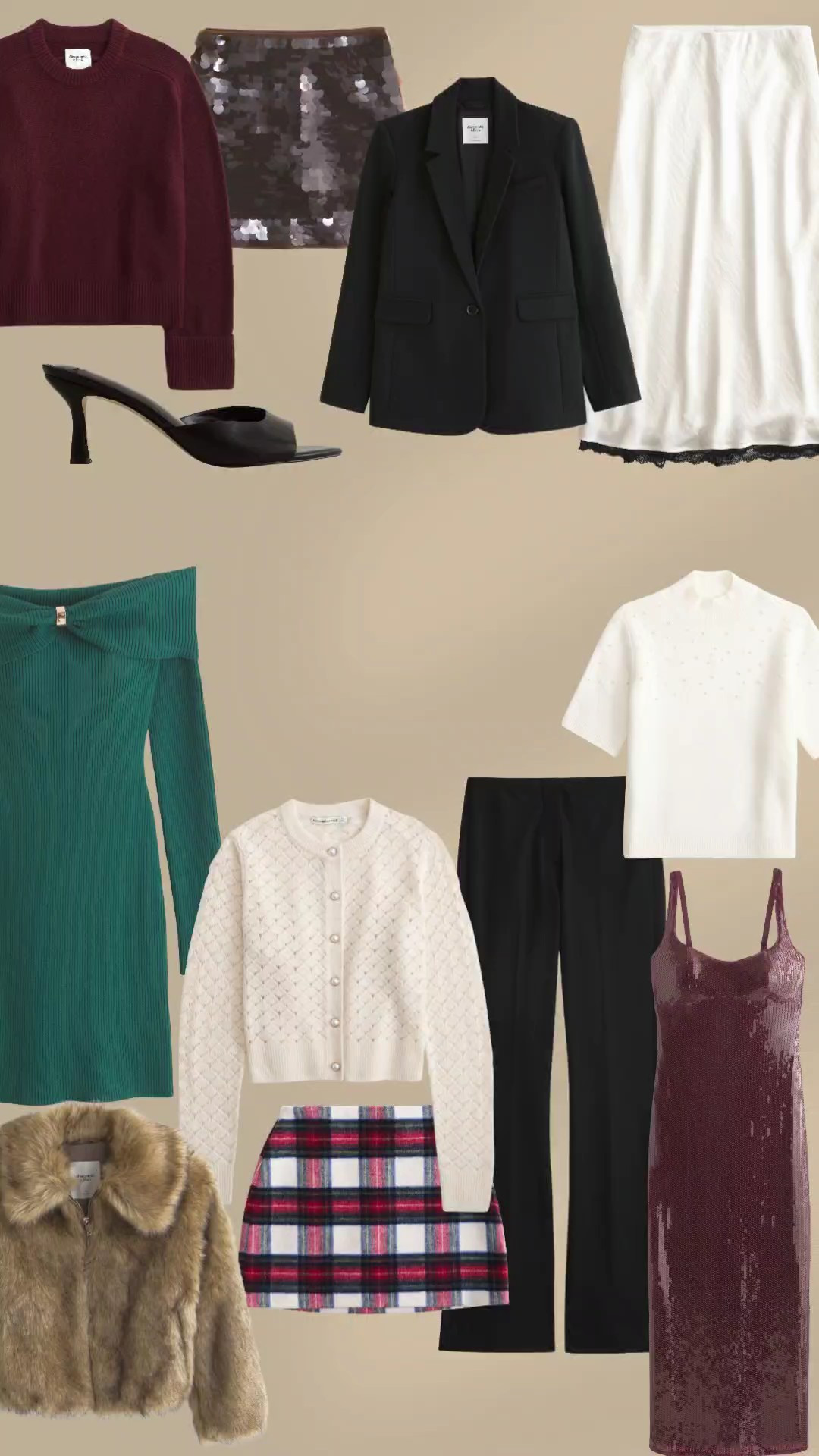 Abercrombie Holiday styles. Style inspiration. Christmas looks. Holiday party. Sequin skirt. Lace skirt. Kitten heels. Lace. Satin trousers. Burgundy pants. Blazer. Going out looks. Cardigan. Leather skirt. Christmas party. 

#LTKHoliday #LTKSeasonal #LTKSaleAlert