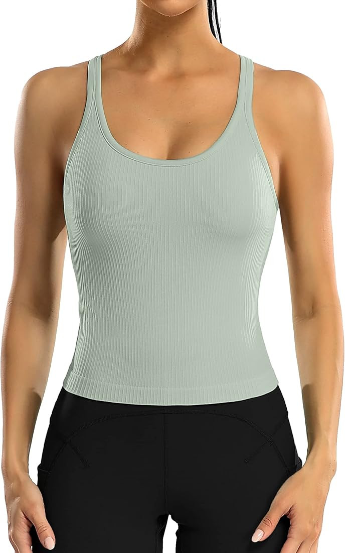 ATTRACO Women Ribbed Workout Crop Tops with Built in Bra Yoga Racerback Tank Top Tight Fit | Amazon (US)