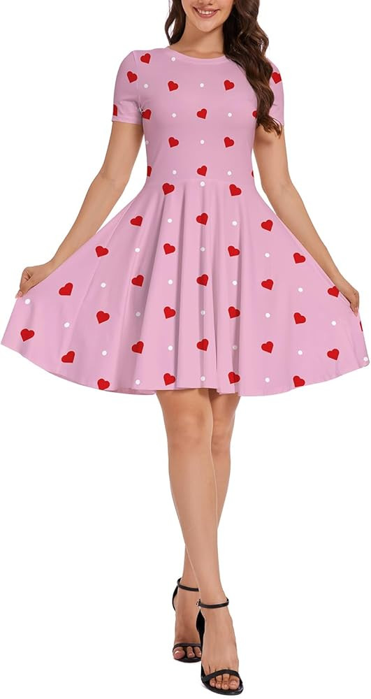 Heart Dress Women Valentines Love Day Outfits Short Sleeve Trendy Swing Dresses | Amazon (US)