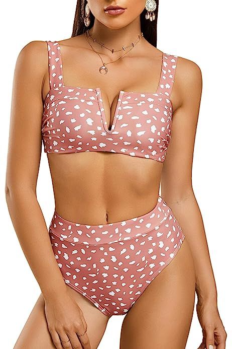 Sherrylily Womens Two Piece Swimsuits Leopard High Waist Strappy Bikini Set Padded Push Up Swimwear | Amazon (US)