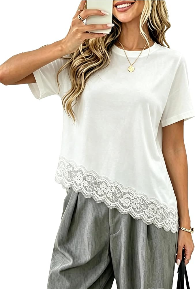 Aimiray Women\u2019s Lace Top Asymmetrical Patchwork Shirt | Amazon (US)