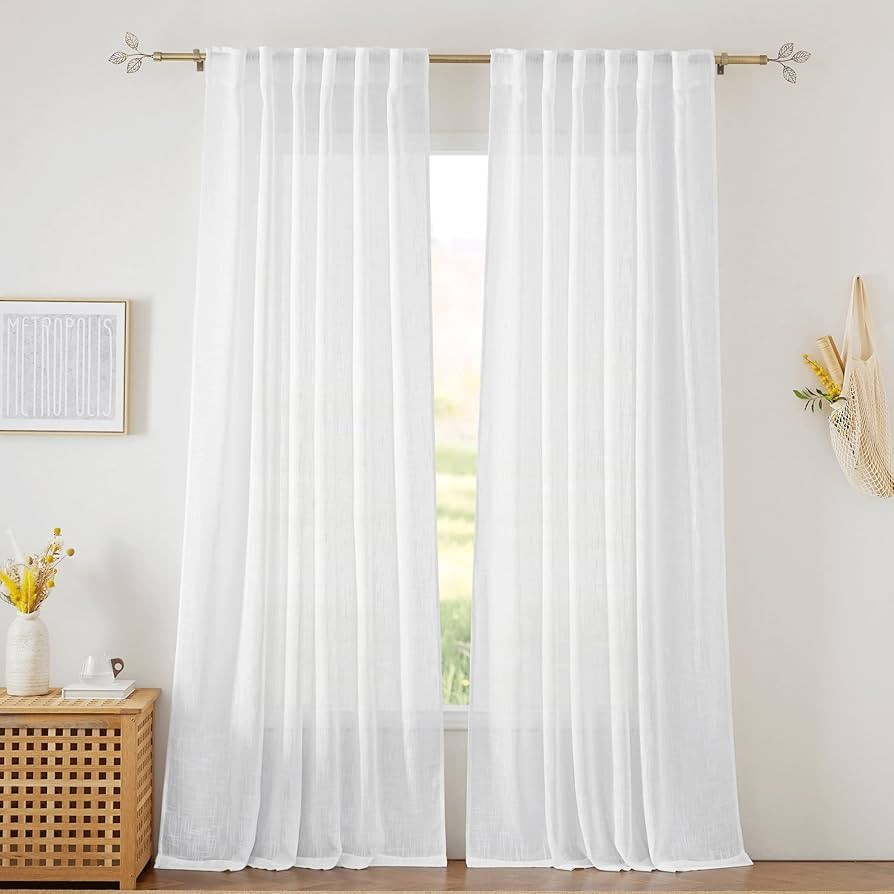 RYB HOME Linen Sheer Curtains for Living Room Textured Semi Sheer Curtains Large Window Treatment... | Amazon (US)
